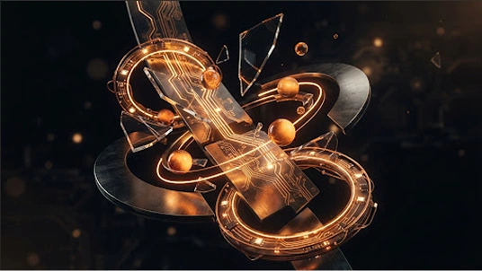 Uma composição digital abstrata e futurista com esferas douradas, estilhaços de vidro e circuitos eletrônicos brilhantes flutuando sobre um fundo escuro.