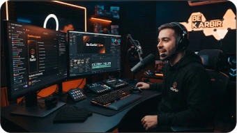 Um streamer de tecnologia sorridente em seu estúdio de gravação, usando fones de ouvido com microfone em frente a dois monitores com softwares de edição e transmissão.